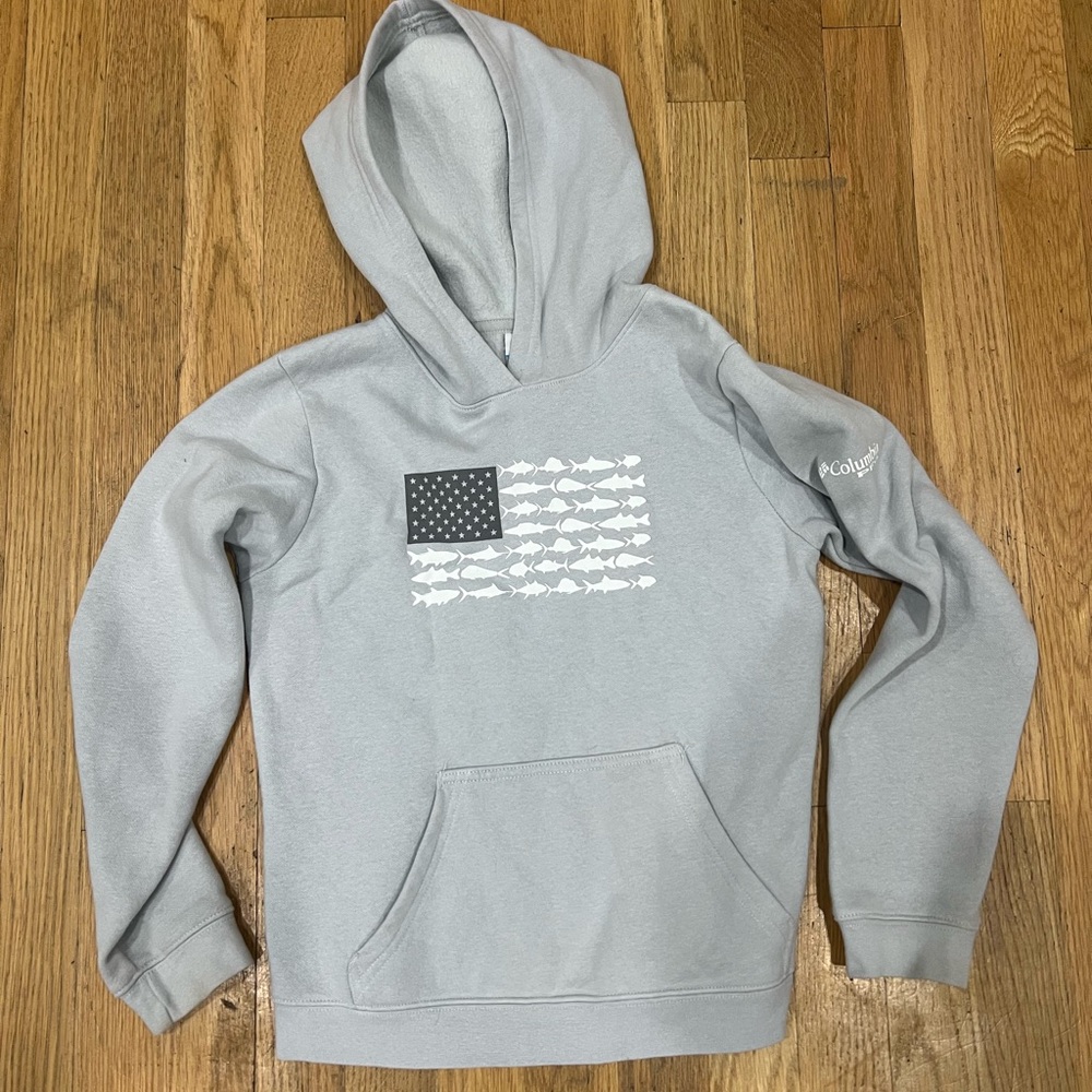 Columbia PFG Gray Hoodie with Fish Flag Design Boys Size Small (8)